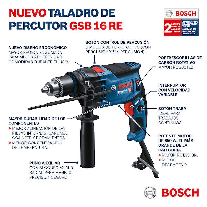 TALADRO PERCUTOR GSB 16 RE 850W MALETIN BOSCH
