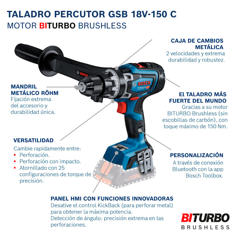 Taladro Atornillador percutor Bosch GSB 18V-150 C, 18V SB