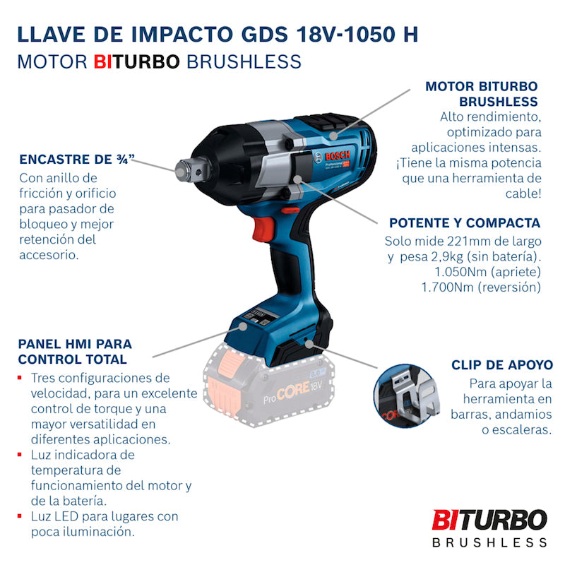 Llave de Impacto inalámbrica Bosch GDS 18V-1050 H, 18V SB