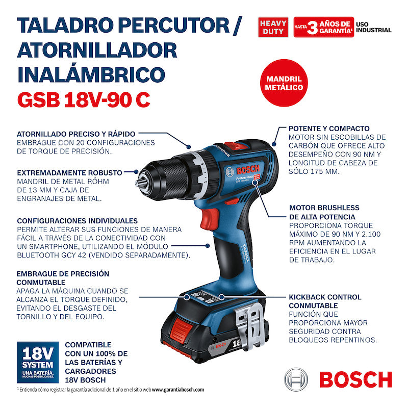 TALADRO PERCUTOR ATORNILLADOR INALAMBRICO 18V GSB 18V-90 C (SIN BATERÍA NI CARGADOR) BOSCH