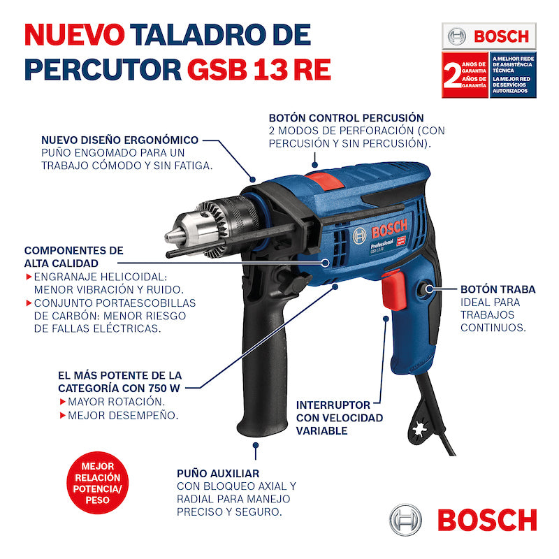 TALADRO PERCUTOR GSB 13 RE + MALETIN  BOSCH