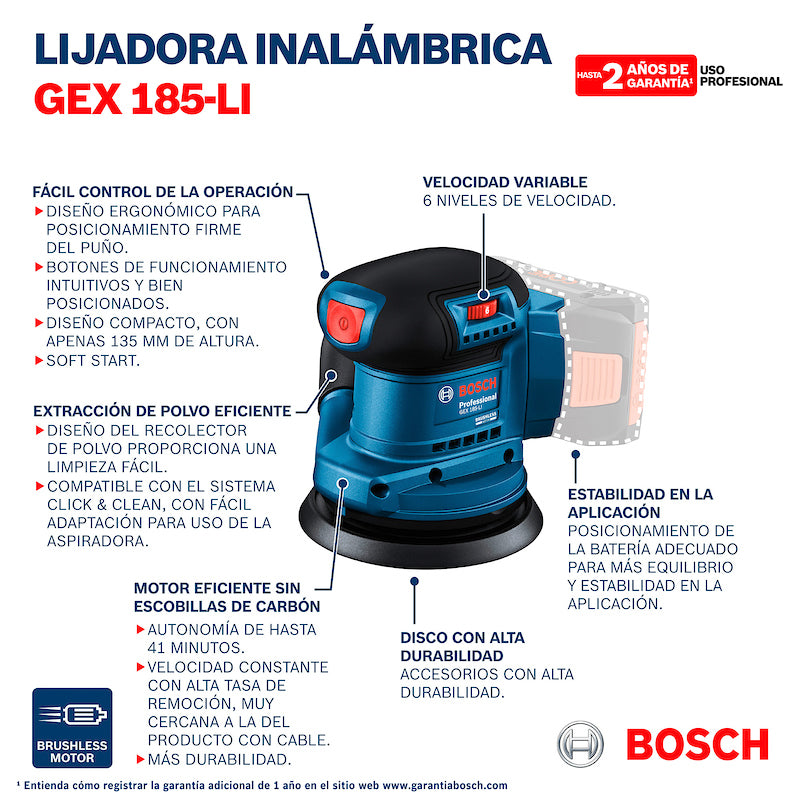 Lijadora roto orbital inalámbrica Bosch GEX 185-LI, 18V  Brushless S/batería