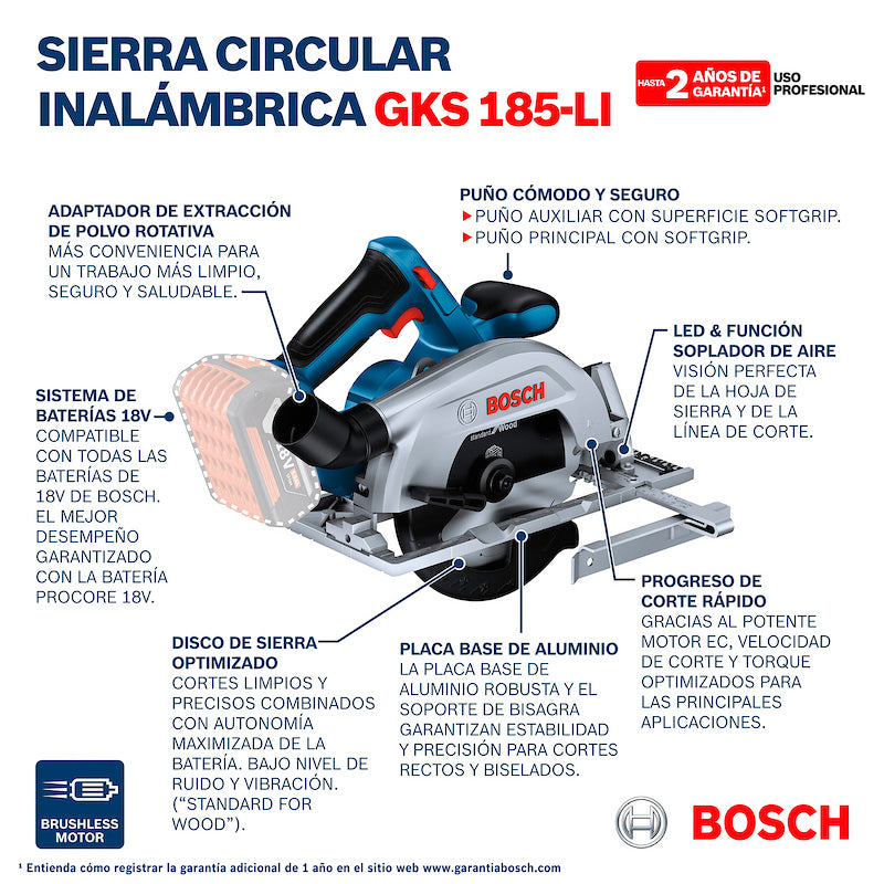 SIERRA CIRCULAR INALAMBRICA 6,5" GKS 185-LI BARETOOL (SIN BATERIA NI CARGADOR) BOSCH