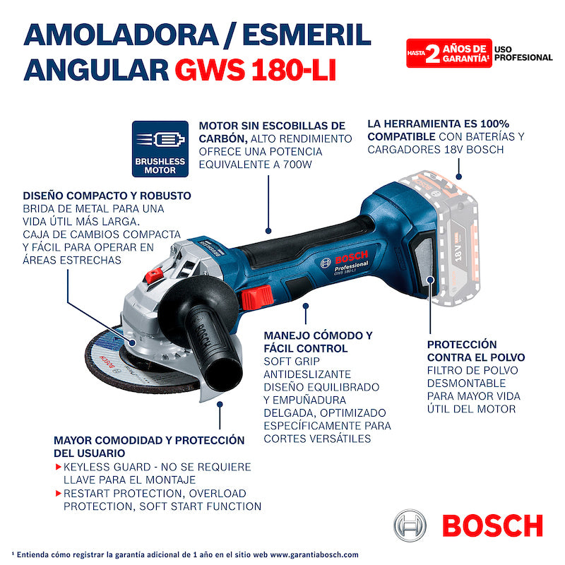 Esmeril inalámbrico Bosch 5" GWS 180-LI,18V SB