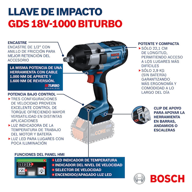 Llave de Impacto inalámbrica Bosch GDS 18V-1000 BITURBO BRUSHLESS 18V, SB
