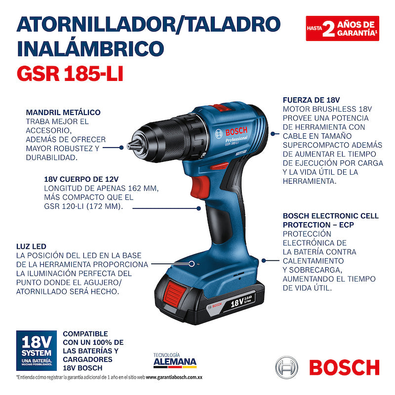 TALADRO ATORNILLADOR INALALAMBRICO 18V GSR 185-LI + 2 BAT 2AH + CARG 2AH BOSCH