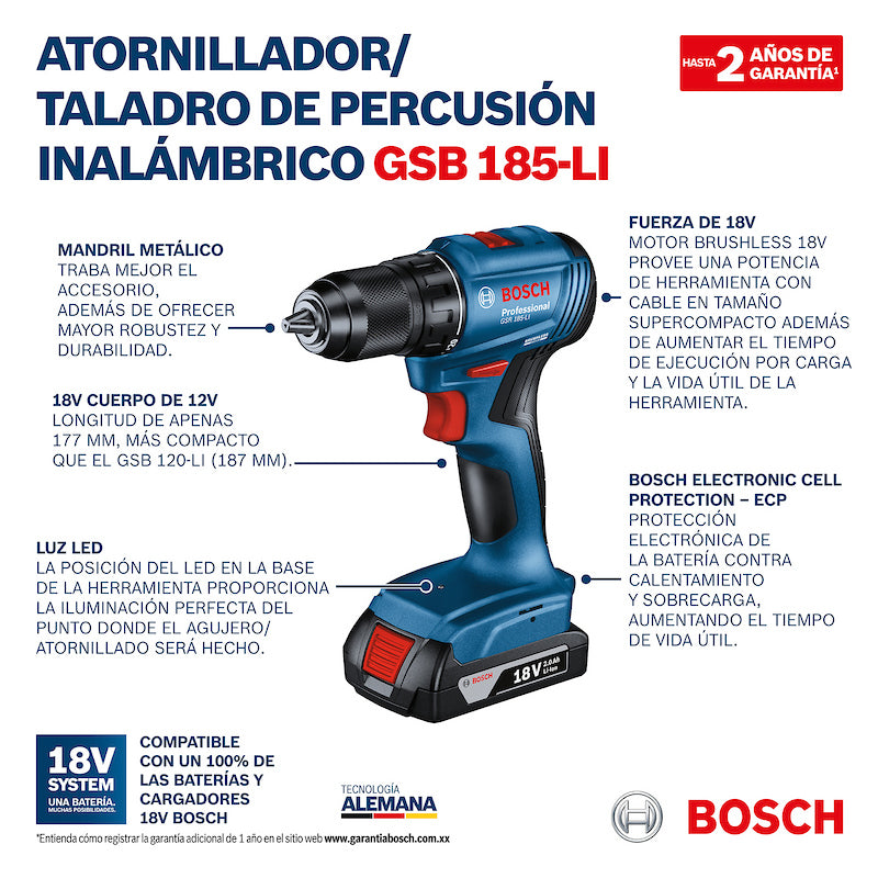 Taladro percutor atornillador inalambrico Bosch 18V GSB 185-LI 18V 2 baterías y maletín