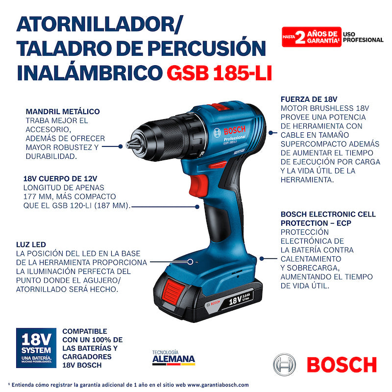 Taladro percutor inalámbrico 1/2" Bosch GSB 185-LI 18V SB
